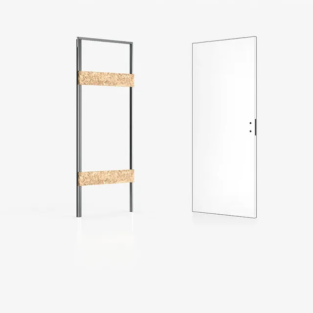 xREVERx Doppia porta battente filo muro reversibile su stessa parete. La porta a sinistra si apre verso di noi, la porta a destra si apre verso l'esterno. L'ambiente è moderno e la parete di riferimento comprese le porte è di colore verdone scuro tendente al grigio.